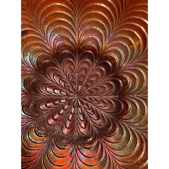 Vintage Fenton Carnival Glass Bowl Ruffled Scallop Edge Peacock Design - Picture 6 of 8